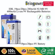 EBL 19pcs 20pcs 280mAh 6F22 9V Ni-MH Battery 9V 600mAh Li-ion Rechargeable Battery Beingpower
