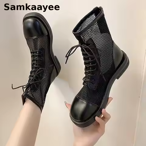 35-40 Women Hollow Boots Mesh Breathable Shoes Summer Female Ankle Botas Lace-up Thick-soled Anti-sl