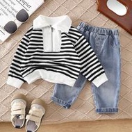 2ชิ้น/ชุด เด็กอ่อน ยูนิเซกส์ เด็กผู้ชาย 0-3Y ฤดูใบไม้ผลิ/ฤดูใบไม้ร่วง คลาสสิก ลายทาง แขนยาว เสื้อแจ็