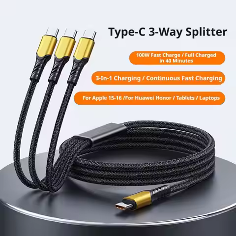100W Braided Spring 3 In 1 USB C To 3 Type C Cable Fast Charging Phone Cable Suitable For Type-C Lap