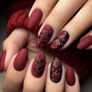 Floral Short Almond Press on Nails Wine Red Fake Nails with Glue False Nails