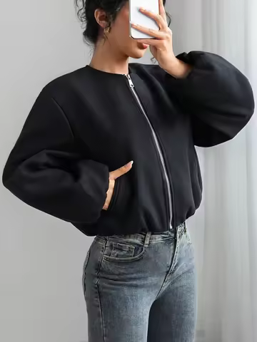 Women's Black Cropped Zip-Up Bomber Jacket - Oversized Puff Sleeve Casual Long Sleeve Loose Fit Fall