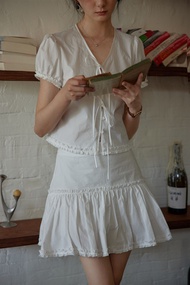 Nice People 2024SS 60S Cotton Button-Up ชุดแขนสั้น: กระโปรงสั้นและเสื้อกันหนาวสีชมพูนุ่มหอม เหมาะสํา