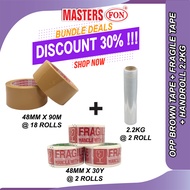 [BUNDLE DISCOUNT 30%] Masters OPP Brown Tape (48mm x 18 Rolls x 90 Meters) + Masters FRAGILE Tape (4