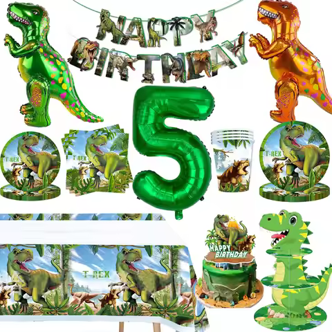 Jurassic Dinosaur Party Decor Disposable Tableware Plate Cup Napkin 5thBirthday Number Balloon Boy I