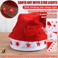Classic Red LED Santa Hat with Blinking Star Light Christmas Party Soft Red Xmas Hat for Adults Kids
