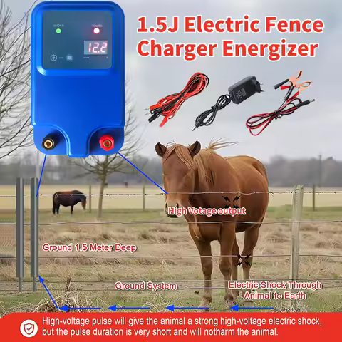 LCD Electric Fence Energizer High Voltage 1.5J 10KM Waterproof Electric Fence for Animals Livestock 