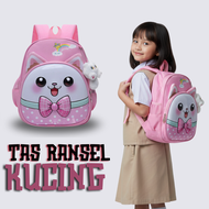Tas Ransel Anak Perempuan TK SD Model 3D Timbul Karakter Kucing Lucu Gratis Jam Tangan Digital