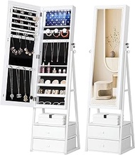 Nicetree Jewelry Cabinet Armoire, Lockable Standing Jewelry Mirror Cabinet, Full Length Mirror with Jewelry Storage, Large Storage Organizer with Superior Storage Capacity, 2 Storage Drawers, White