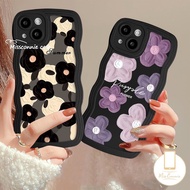 MissConnie Fashion Black Purple Floral Case Compatible for iPhone 11 XR 7Plus 11 Pro Max 13 14 12 Pro Max 6s 7 8 6 14 Plus X XS Max SE 2020 Art Oil Paint Fresh Flower Wavy Edge Tpu Soft Cover