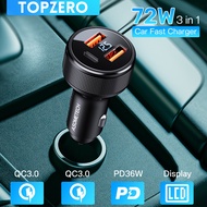 TOPZERO 72W/54W Car Charger 12v 24v Fast Charger QC3.0 PD 3 Port USB Phone Charger For iPhone 14 Xiaomi Samsung HuaWei Oppo Vivo Laptops Tablets