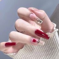 Red Tulips Shiny Shards Fake Nails Long False Nails 24 Pcs/box R625