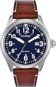 Citizen Men's Sport Casual Garrison 3-Hand Date Eco-Drive Leather Strap Watch, Arabic Markers, Stainless Steel, Field Watch
