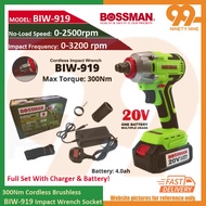 BOSSMAN 20V 1/2'' 300Nm Cordless Brushless Impact Wrench Driver / Drill Buka Tayar / 4.0Ah Battery BIW-919 [100% ORIGINA