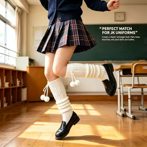 Sweet JK Lolita Leg Warmers 42cm Cable Knit Pom Pom Socks Soft Elastic Boot Covers for Students Stre