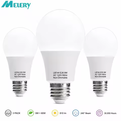 Melery E26 LED Light Bulb 9W Lamp 60W Equivalent 6000K Daylight White Warm 2700K A19 Indoor Housing 