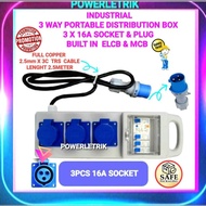 3 WAY X 16A PLUG & SOCKET INDUSTRIAL PORTABLE DISTRIBUTION BOX COMPLETE WITH ELCB MCB & TRS CABLE 2.