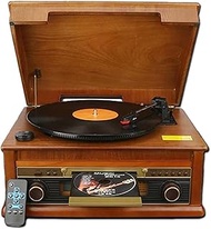 PATINS 7-in-1 Retro Vintage Wooden Record Player, Classic Vintage Gramophone Vinyl Record, With Speakers &amp; Bluetooth, 3 Speed Vinyl With CD Player, FM Radio, U disk playback MP3, AUX IN And Line Out