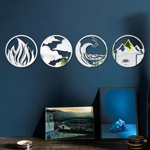 4 Pcs 3D Stereoscopic Wind Fire Water and Soil Four Elements Acrylic Mirror Sticker Self-adhesive Ro