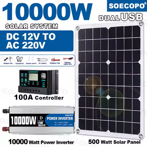 10000W Solar Power Complete Kit 12V To 220V Inverter100A Controller 500W Panel System for Home/RV/Ca
