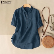ZANZEA เสื้อเบลาส์ผ้าคอตตอนลินินสตรีเสื้อสีพื้นติดกระดุมแขนสั้น