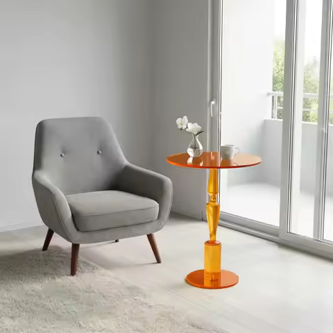 Orange Acrylic Round Side Table, End Table, 55cm/21.65in High Nightstand Pedestal Table for Living R