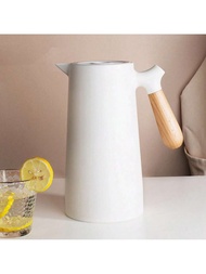 1pc 1000ML/33.8oz Vacuum Insulated Carafe With Wooden Handle, Nordic Style Thermal Water Bottle, Gla
