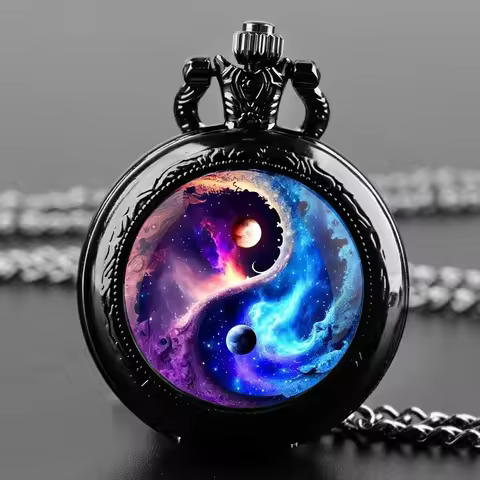 Creative Yin-Yang Planet Dome Quartz Pocket Watch Arabic Numeral Dial Vintage Men Women Necklace Pen