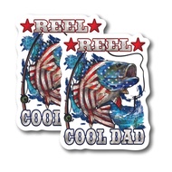 (2 Pack) Reel Cool Dad Fisherman American Flag Bass Stickers - 5" On Longest Side - for Car, Truck, 