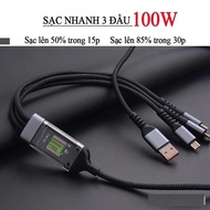 3-in-1 fast charging cable 100w 1.2m usb Type-C- Micro USB, Li.0.ghtning - 100W 3-lead fast charging
