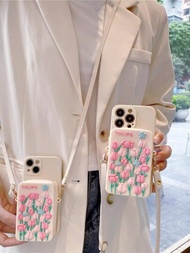 夏季粉色鬱金香造型包伴隨後掛繩手機殼,適用於蘋果15 14 13 12 11 Xs Xr X 7 8 Plus Pro Max小米三星等品牌手機