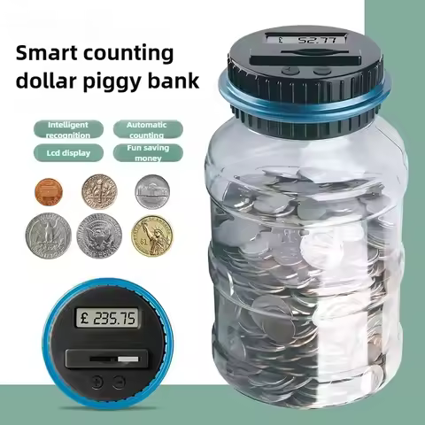 1.8L Coin Bucket Money Bank Smart Counting Large Capacity Transparent Saving Jar US Dollar Euro Poun