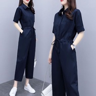 Korean Version New Style Women's Lapel Collar Jumpsuit Solid Color Large Size Narrow Waist Suit