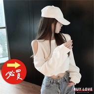 [Buy Love] Next Day Delivery Plain All-Match Digging Shoulder Long-Sleeved Top Hooded T University T