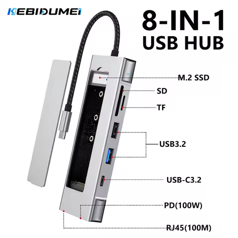 KEBIDUMEI 8-in-1 M.2 SSD Docking Station with Disk Storage 10Gbps USB 3.2 HUB USB C To SATA+NVME HDM