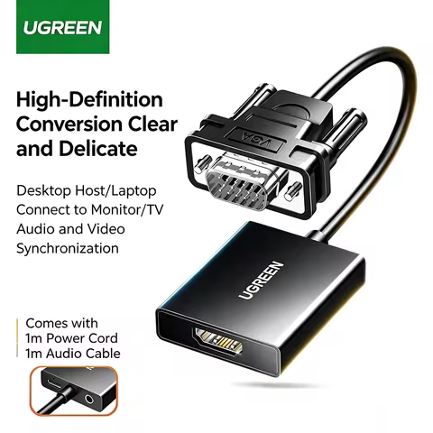 0.15M UGREEN VGA Male to HDMI Female Adapter Support Audio Output HD Signal Conversion for Computer 
