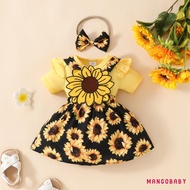MANGO-Baby Girls Spring Outfits Short Sleeve Romper  Sunflower Suspender Skirt + Headband Set Newbor