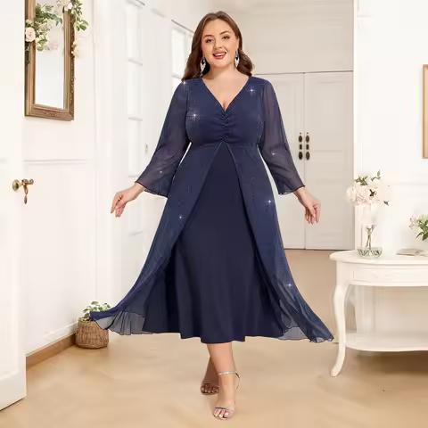 Plus Size Women's Elegant Sheer Mesh Long Sleeve V-Neck Pleated A-Line Maxi Dress Party Cocktail Ban