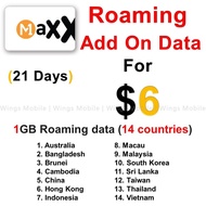 M1 Maxx Roaming Data $6 | Add-On | 1GB Data | Roaming Data| Recharge | 21 Days | Maxx | 14 Countries