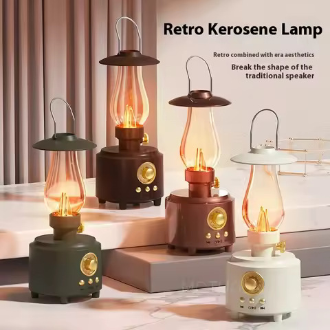 Bluetooth Speaker with Vintage Kerosene Lamp Style Portable FM Radio USB Night Light Ideal for Campi