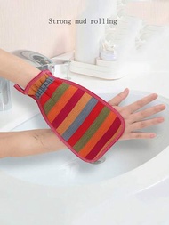 1入組彩色條紋磨砂手套，簡單雙面沐浴手套，去汙背部擦洗手套，淋浴按摩工具