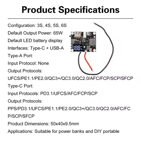 65W Mobile Power Module Bidirectional Fast Charging DIY Circuit Board Dual Interface Type-C USB-A fo