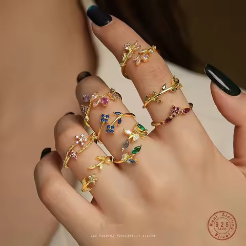 925 Sterling Silver Exquisite Colorful Zircon Flowers Leaves Ring For Women Double Design Size7 Adju