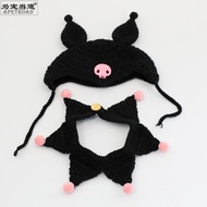 Kostum Haiwan Peliharaan Kucing Kuromi Halloween Kuromi Topi Rajutan Buatan Tangan Tudung Kepala Ana