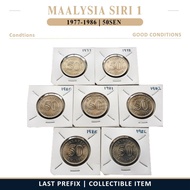 1Set7pcs 50Sen Coins Good Conditions 1977-1986 Malaysia Siri 1 Duit Syiling Lama CollectibleOnly