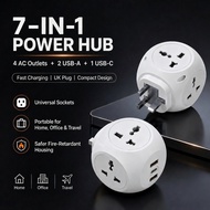 Stok saya: Soket 7-dalam-1, Penyesuai Kuasa Pantas 4-Arah, Kotak Kuasa Universal UK, Dengan 2USB+C j