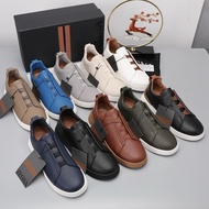 1IAP ZEGNA Men's Genuine Leather Casual White Shoes Low-Top Sneakers Slip-On Lazy Shoes Sports Shoes