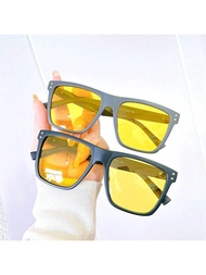 男女時尚偏光方形太陽眼鏡 - 黃鏡片鉚釘裝飾，適合夜間駕駛和防曬街頭