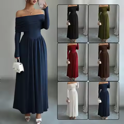 2026 Autumn Winter Style Off-Shoulder Dress Women's New French Tea Break High-End Waist-Slimming Lon