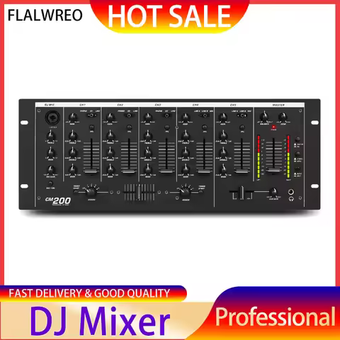 FLALWREO CM200 Pro 5-Channel Noise Cancelling Adjustable Voice Sound Mixing Console DJ Mixer with Mo
